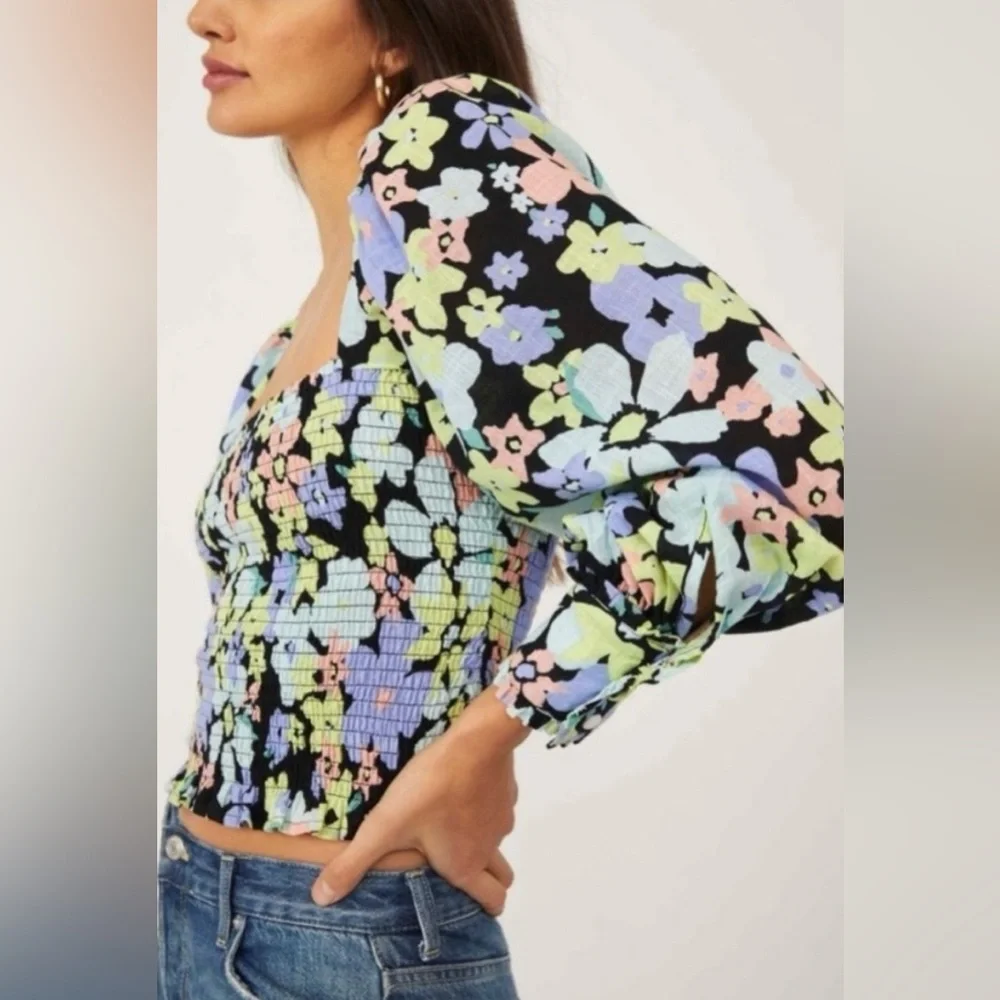 FREE PEOPLE Ariana Floral Puff Sleeve Top Cotton Cropped Blouse Size XS